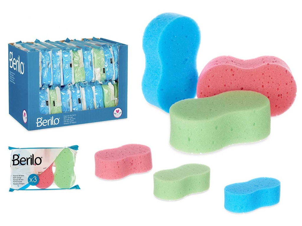 Set 3 esponjas para baño surtidas en 3 colores vibrantes