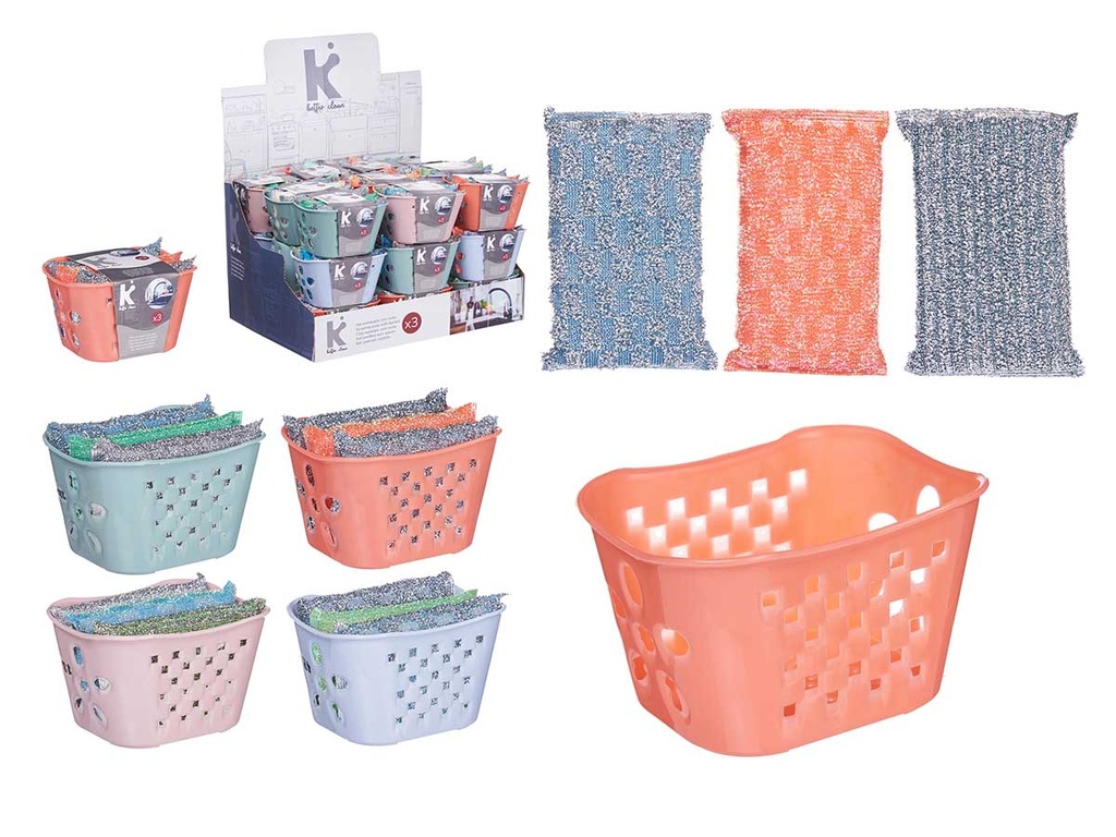Set 3 estropajos con cesta de colores metálicos, ¡organiza tu cocina!