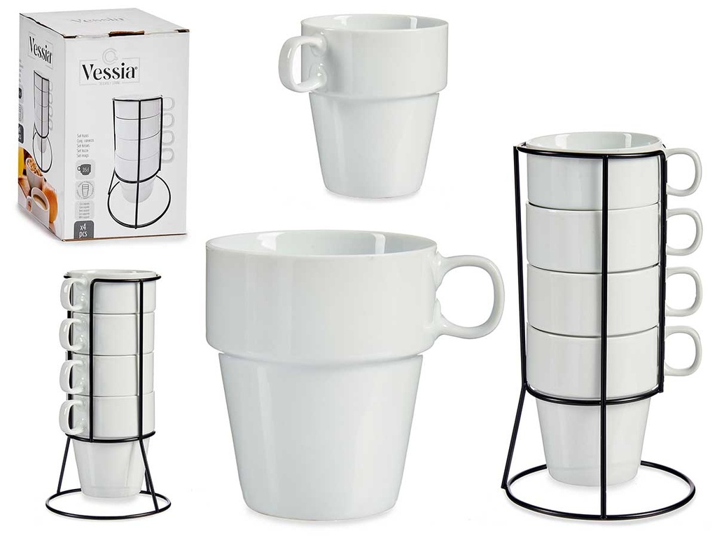 Set 4 tazas apilables blancas con estante para ahorrar espacio