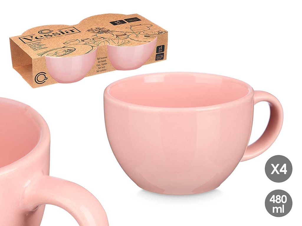 Set 4 tazones rosa de 480ml: elegancia y funcionalidad en tu mesa