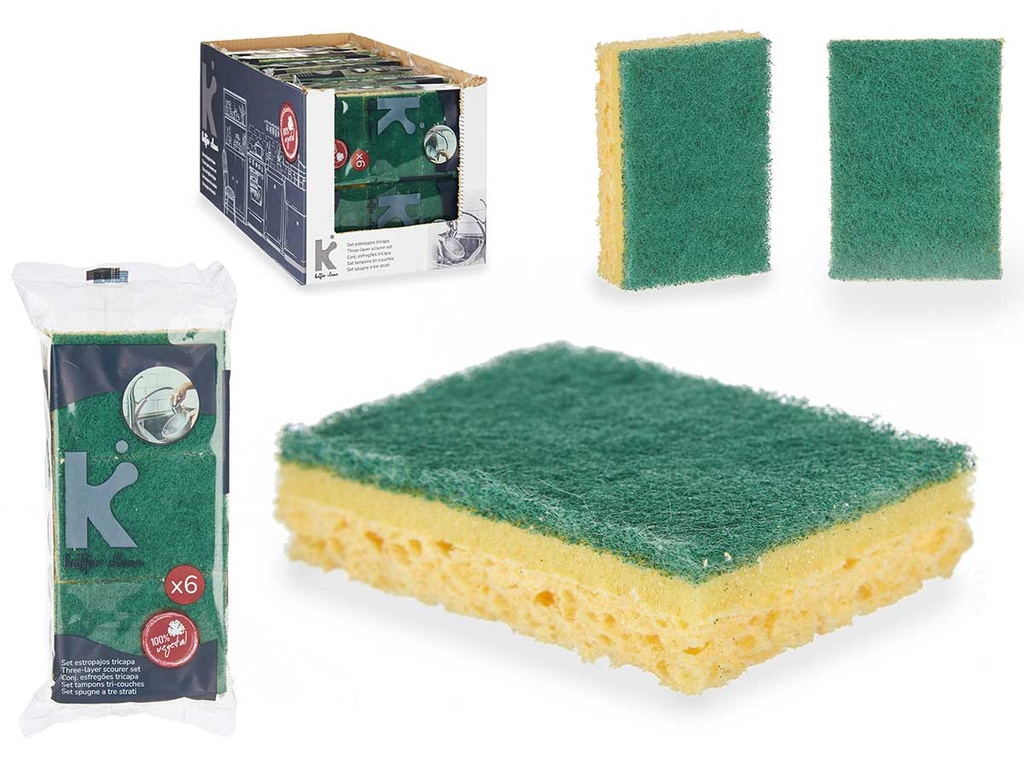 Set 6 Estropajos Tricapa con Esponja Vegetal para Limpieza Eficaz