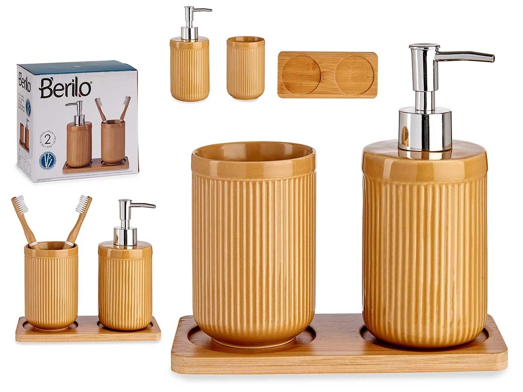 Set baño cerámica 2 pzs camel con bandeja de bambú elegante y práctico