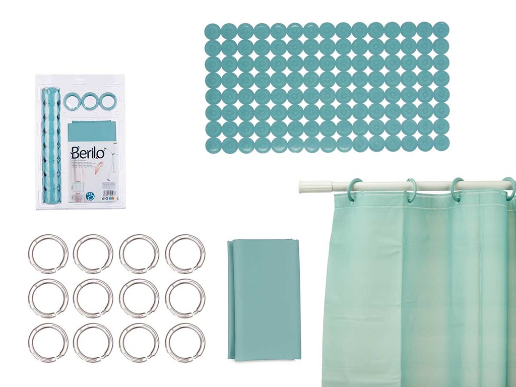 Set baño cortina peva y alfombra ducha en verde y azul vibrante