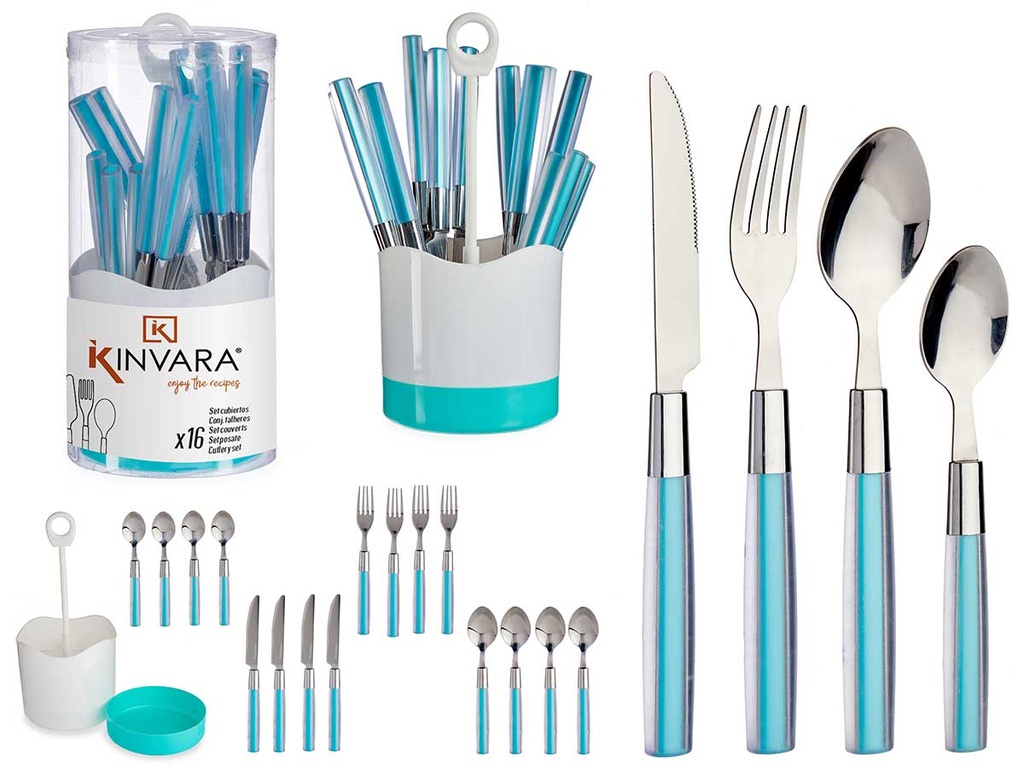 Set de 16 cubiertos de acero inoxidable con elegante mango azul
