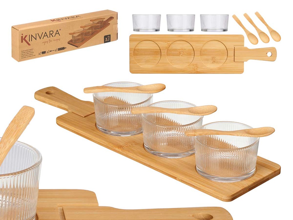 Set de 3 boles de cristal con cuchara y bandeja de bambú elegantes
