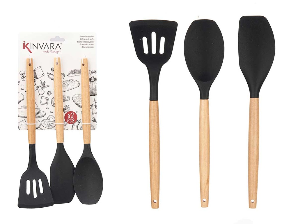 Set de 3 palas de cocina de silicona y madera, duraderas y elegantes