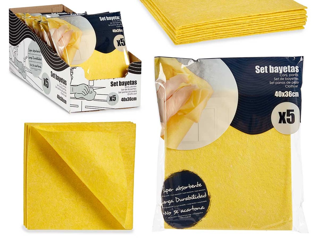 Set de 5 bayetas suaves amarillas, perfectas para limpiar eficazmente