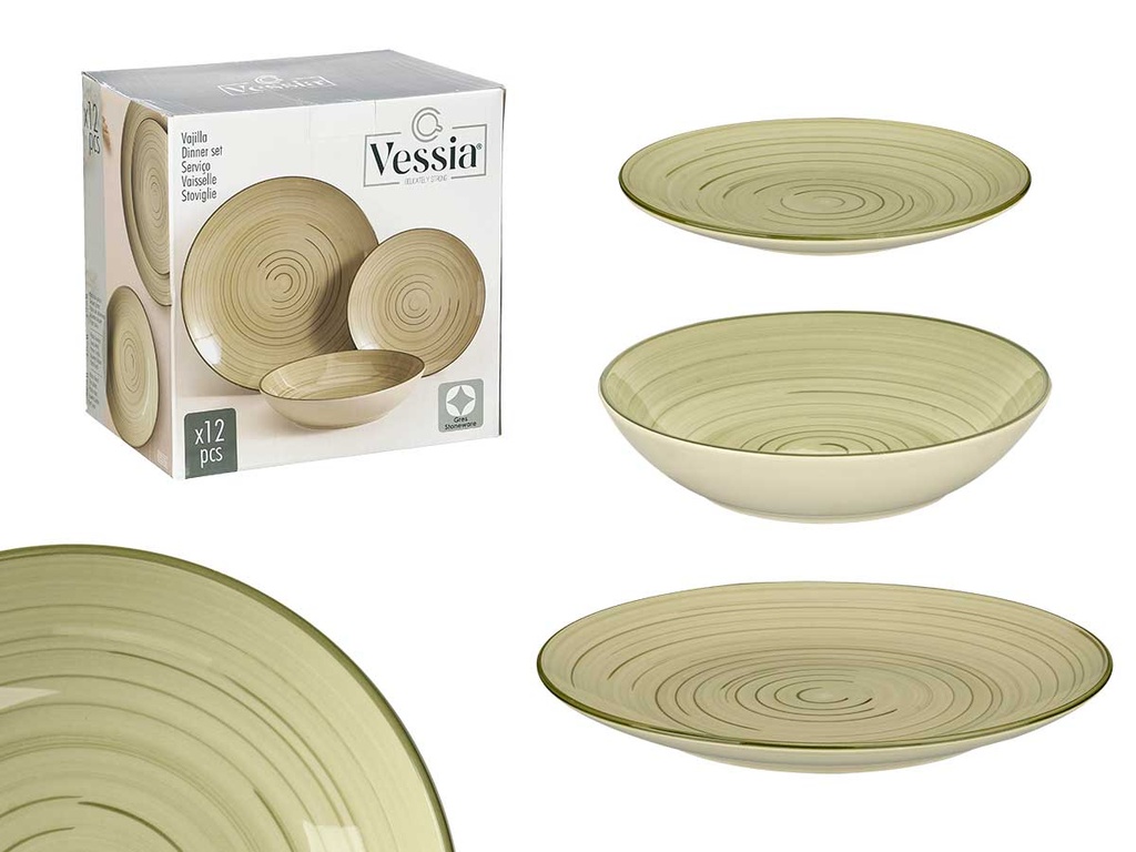 Set vajilla 12 pcs espiral verde oliva: elegancia y durabilidad ideal