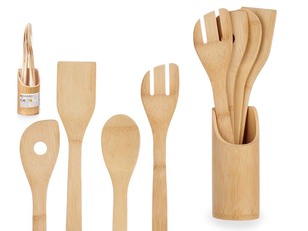 Soporte 5 pzs utensilios de bambú: Elegancia y organización perfecta
