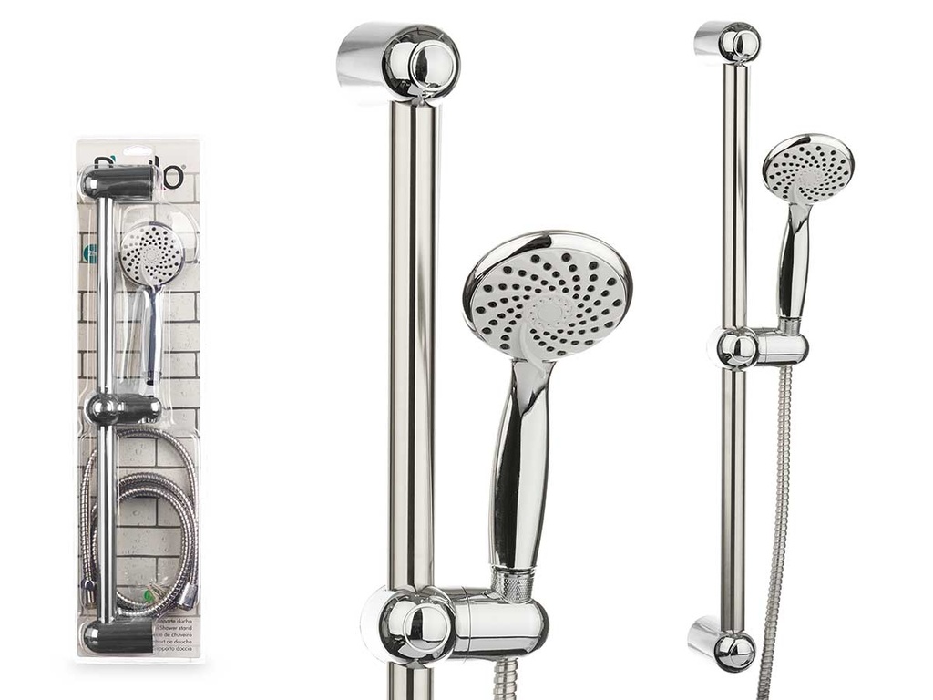 Soporte ducha grande con manguera de 2 m y base blanca resistente