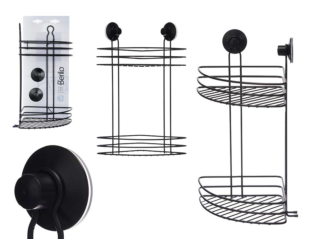 Soporte metal negro mate para ducha esquinero de 2 pisos con ventosa