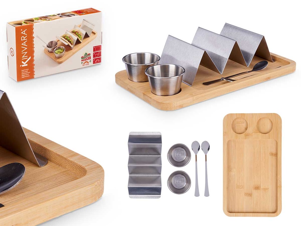 Soporte para tacos, bol y salsa de bambú y metal, elegante y práctico