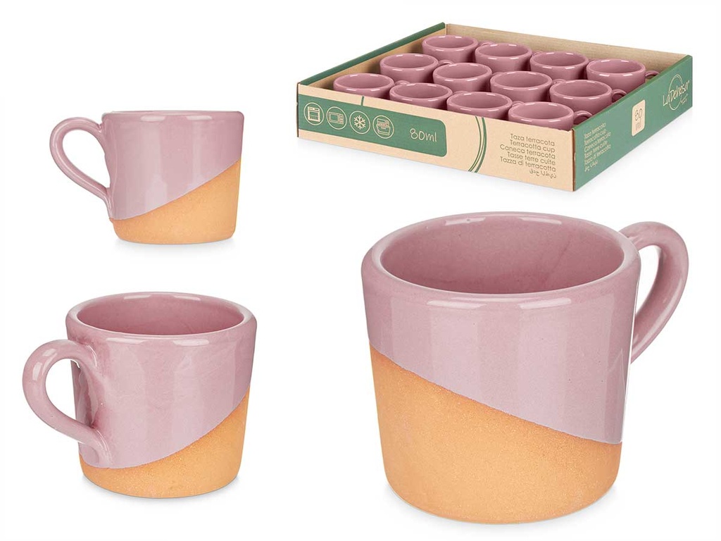 Taza café de barro 80ml con asa rosa, ideal para tus momentos únicos
