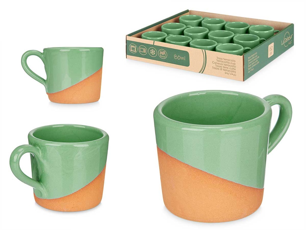 Taza café de barro 80ml con asa verde, elegancia en tu mesa