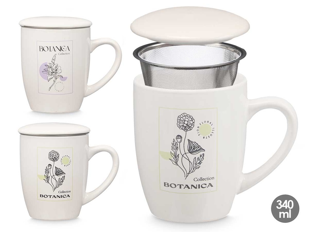 Taza porcelana botánica con tapa y filtro, ideal para tus infusiones