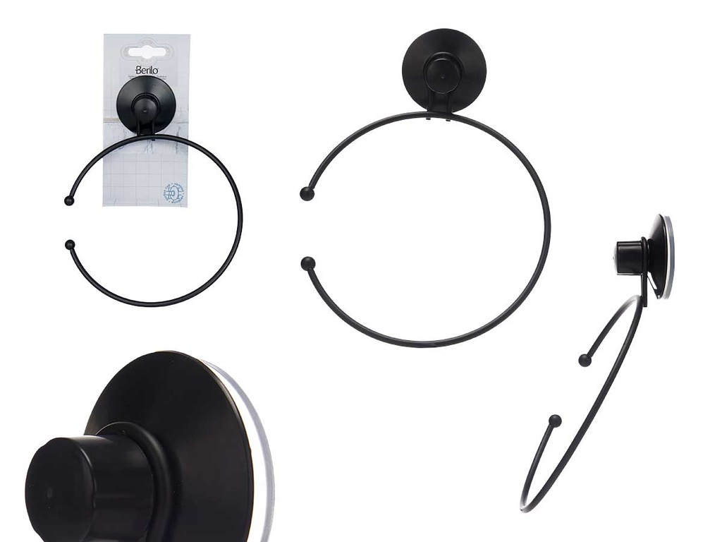 Toallero metal negro mate sencillo con ventosa, práctico y elegante