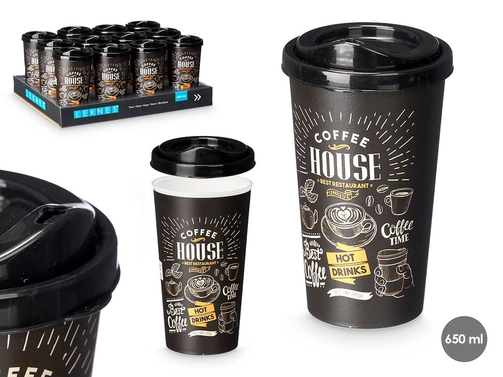 Vaso plástico con tapa ideal para llevar, capacidad de 650ml