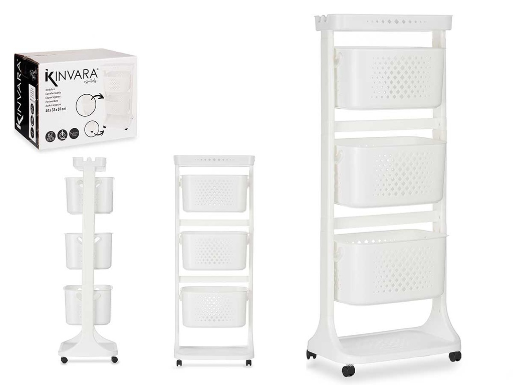 Verdulero plástico blanco de 3 alturas con ruedas para mayor comodidad