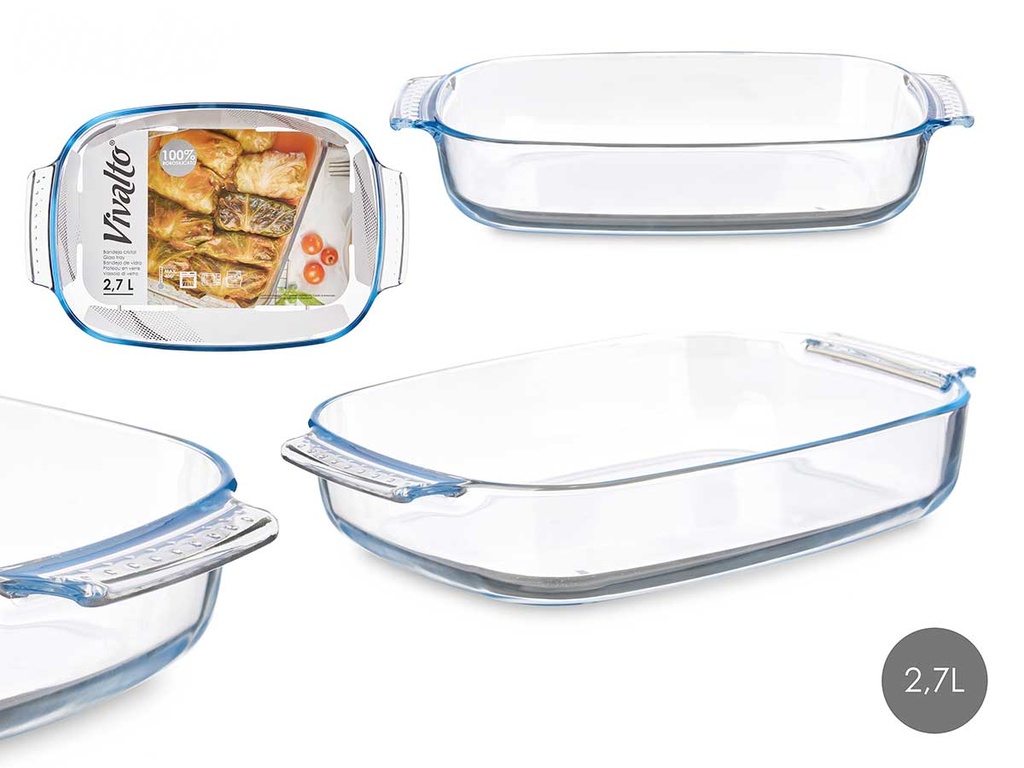 Bandeja borosilicato rectangular con asas, 2700ml de capacidad ideal