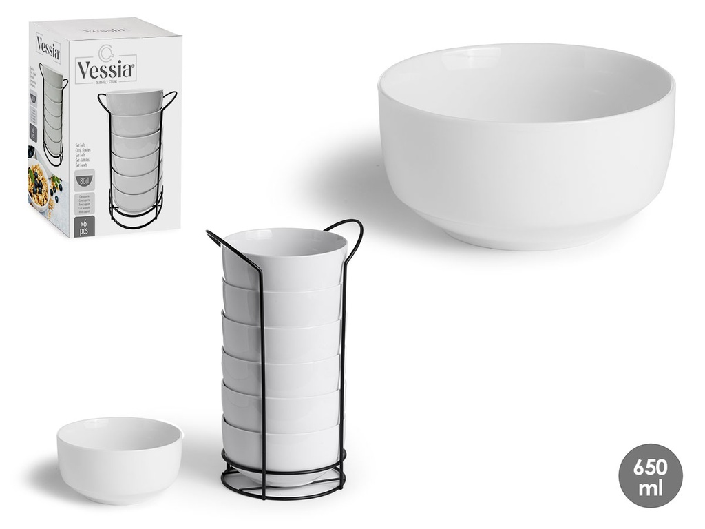 Bol redondo blanco con estante negro, ideal para servir con estilo