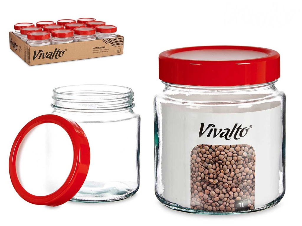 Bote cristal 1L transparente con tapa roja, ideal para almacenamiento