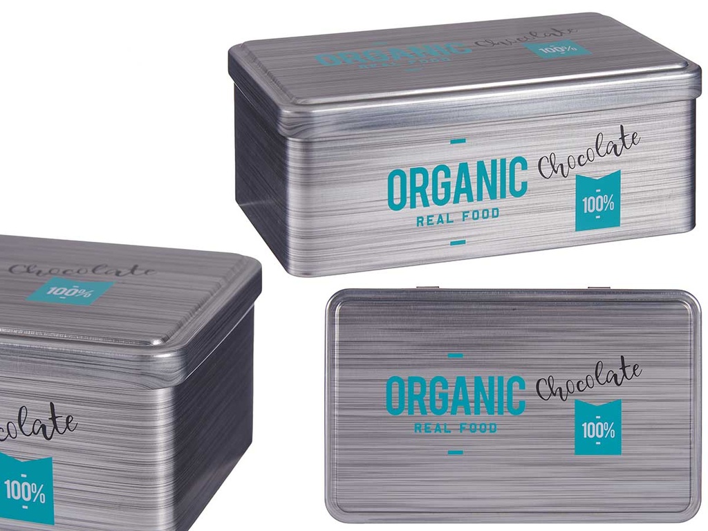 Bote hojalata rectangular: delicioso chocolate orgánico para ti