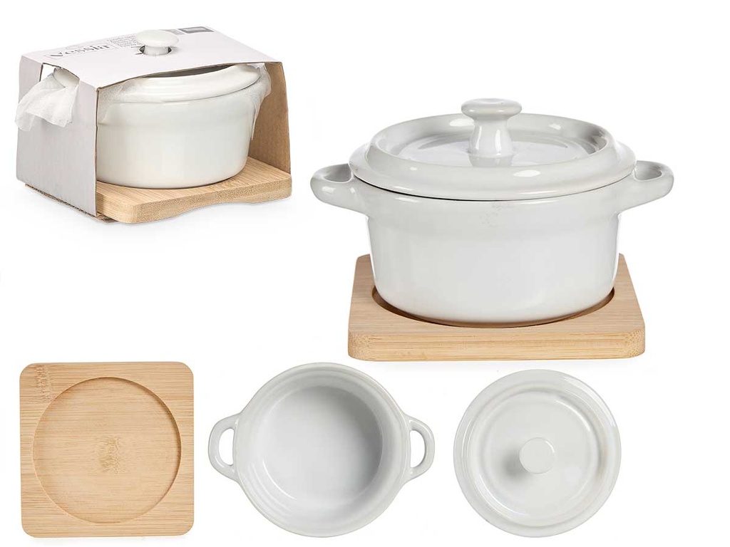 Cazuela cerámica redonda con base de bambú: estilo y durabilidad