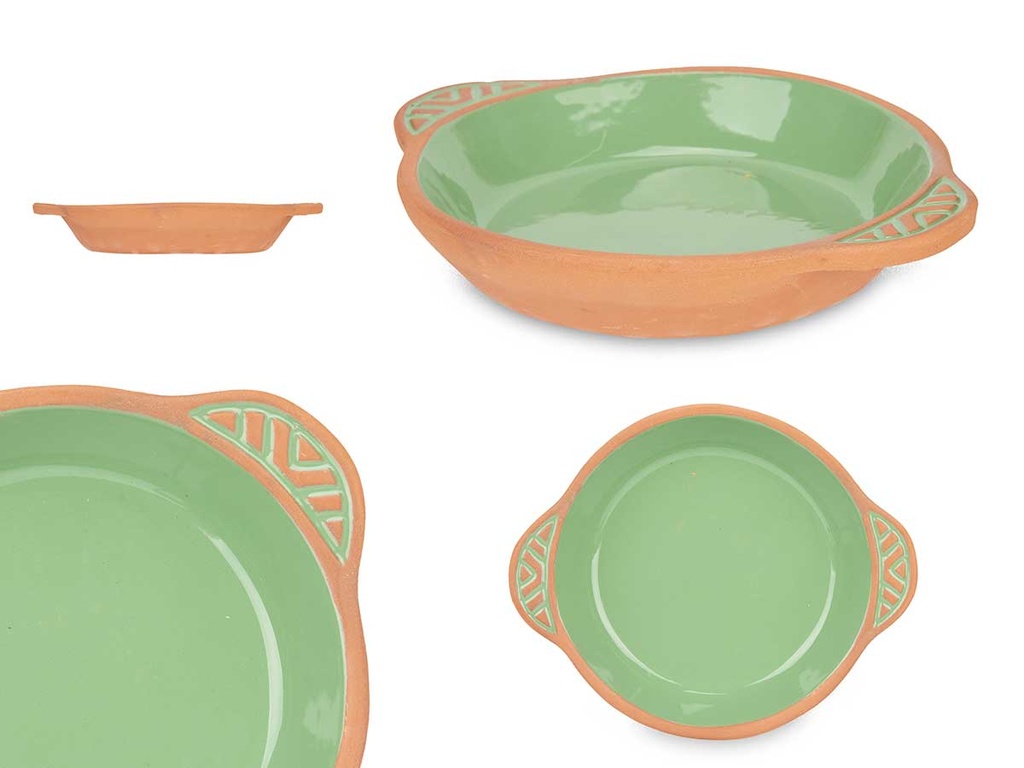 Cazuela de barro redonda con asas, ideal para cocinar y servir