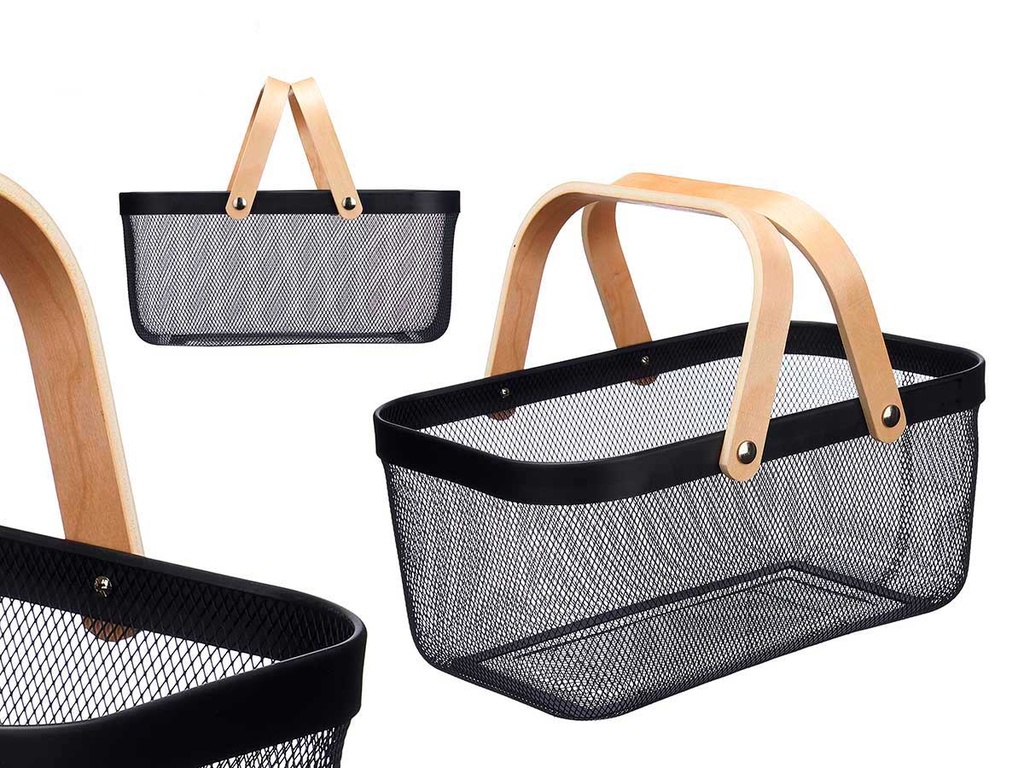 Cesta malla negra con 2 asas de madera, ideal para organizar