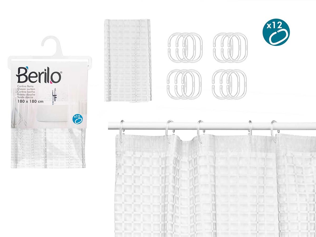 Cortina baño transparente con cuadros, diseño moderno y funcional