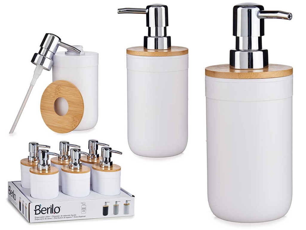 Dosificador blanco con tapa de bambú, práctico y elegante