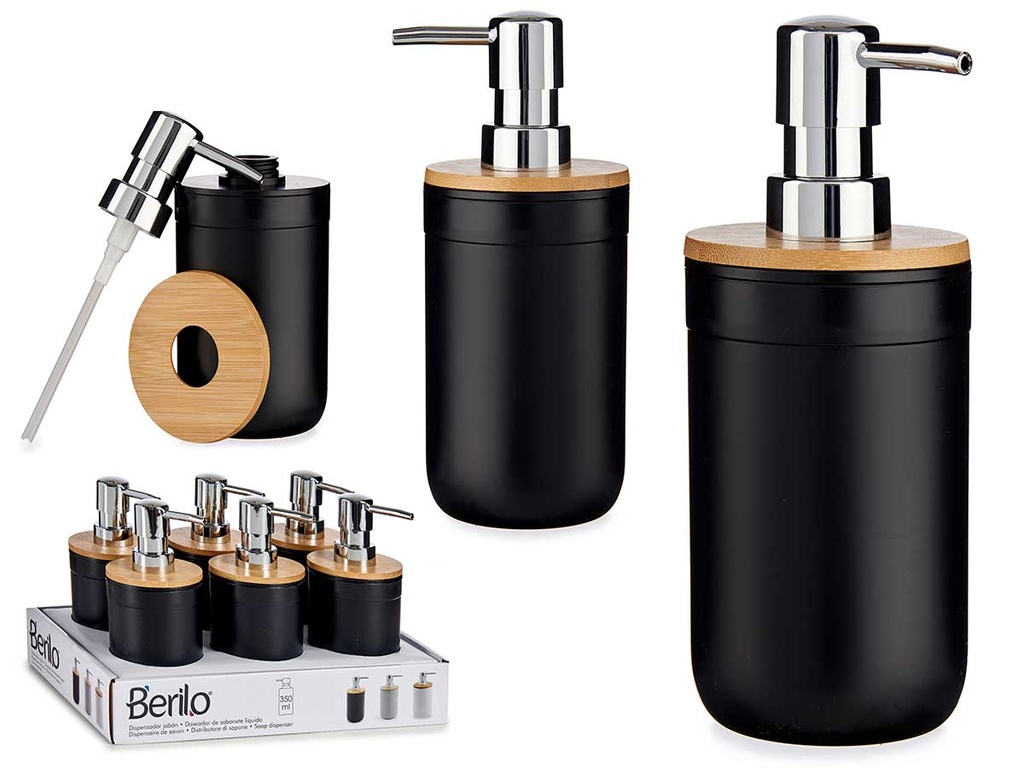 Dosificador negro con tapa de bambú: elegancia y funcionalidad