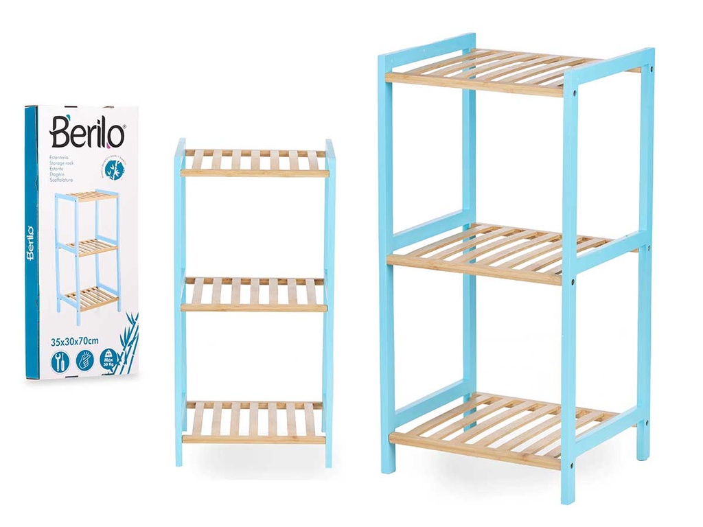 Estantería cuadrada de 3 estantes en bambú azul, elegante y práctica