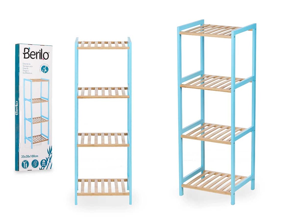 Estantería cuadrada de 4 estantes en bambú azul, elegante y funcional
