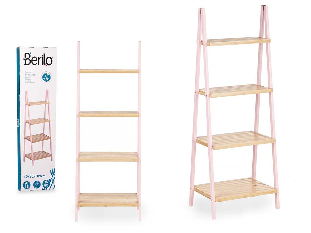 Estantería escalera 4 estantes de bambú rosa, estilo y funcionalidad
