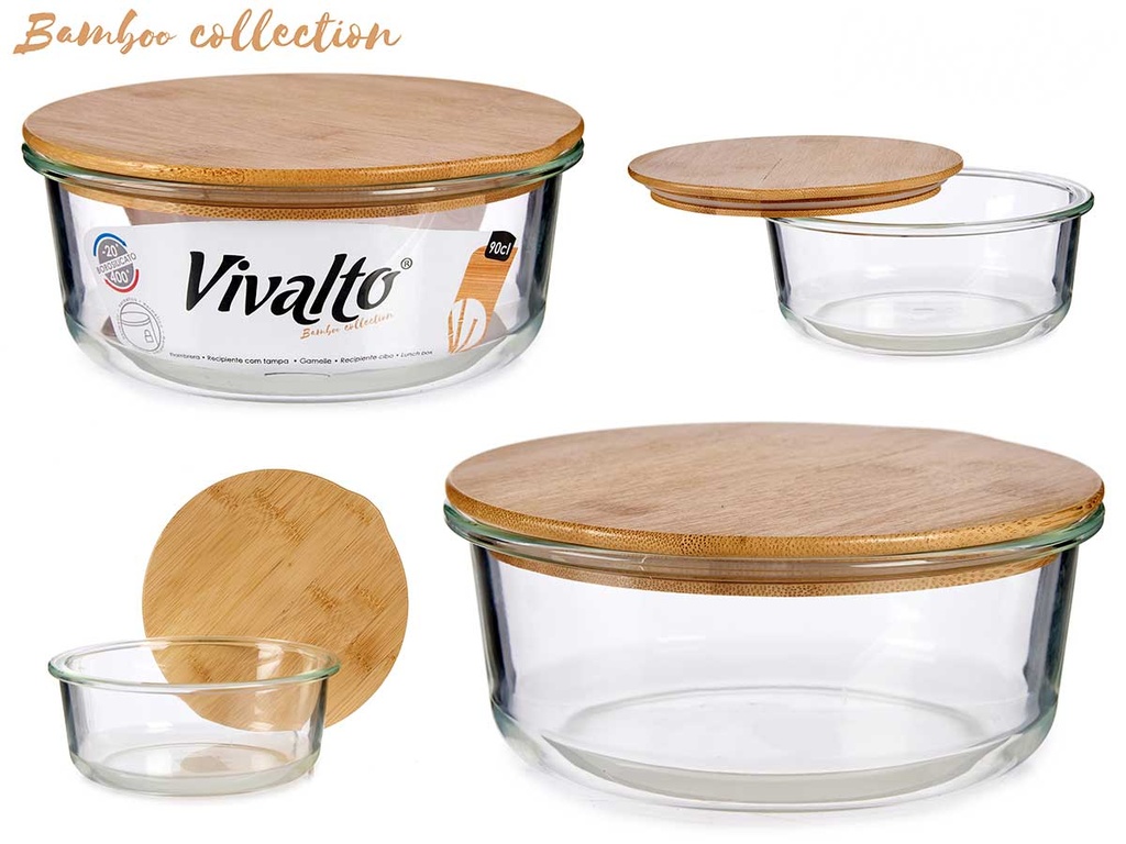 Fiambrera borosilicato hermética elegante con tapa de bambú