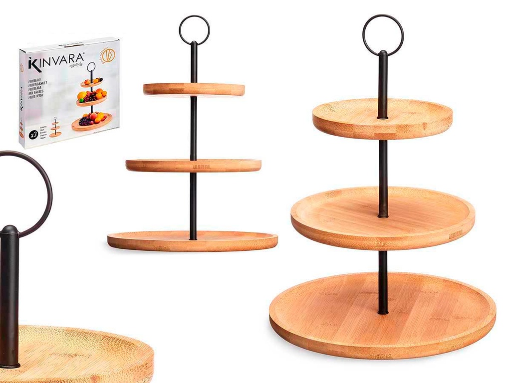 Frutero bambú 3 pisos con soporte metálico, ideal para tu cocina