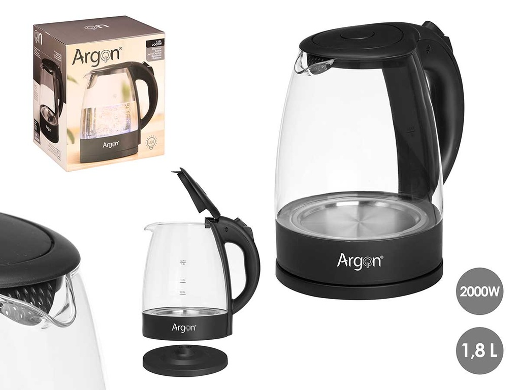 Hervidor de agua cristal negro 2000W, 1.8L: Rápido y elegante