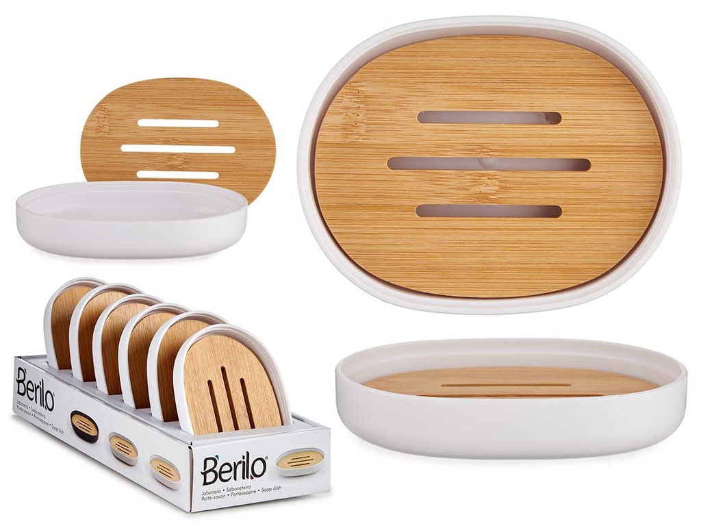 Jabonera blanco con tapa de bambú: Elegancia y funcionalidad😊