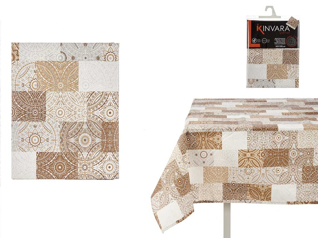 Mantel loneta antimanchas azulejo beige, elegante y fácil de limpiar