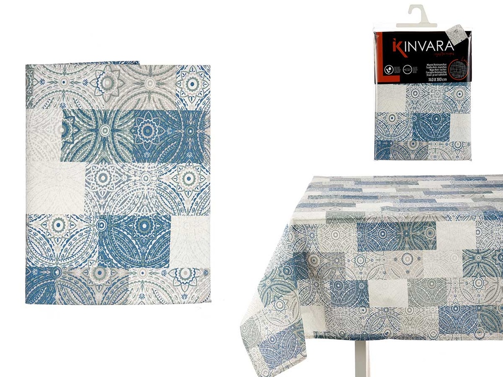 Mantel loneta antimanchas en elegante azulejo azul para tu mesa
