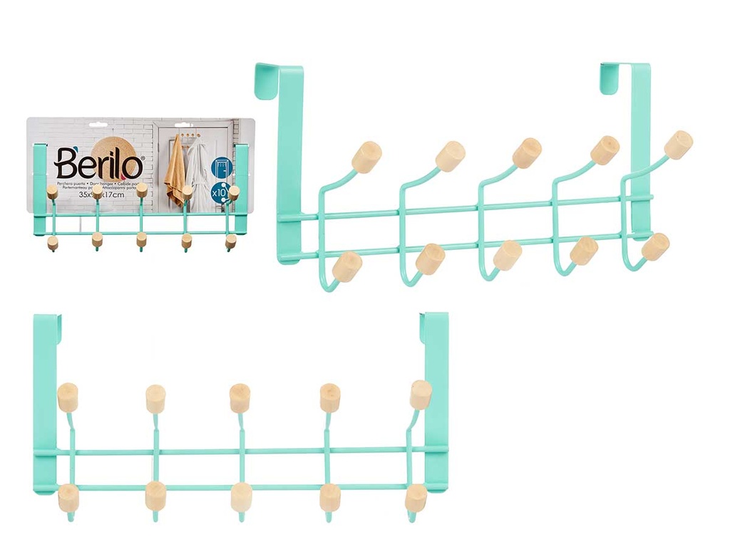 Percha metal con 10 ganchos y acabado en madera menta elegante