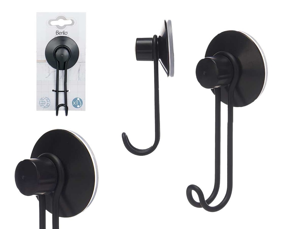 Percha metal negro mate con 1 gancho y ventosa para mayor comodidad