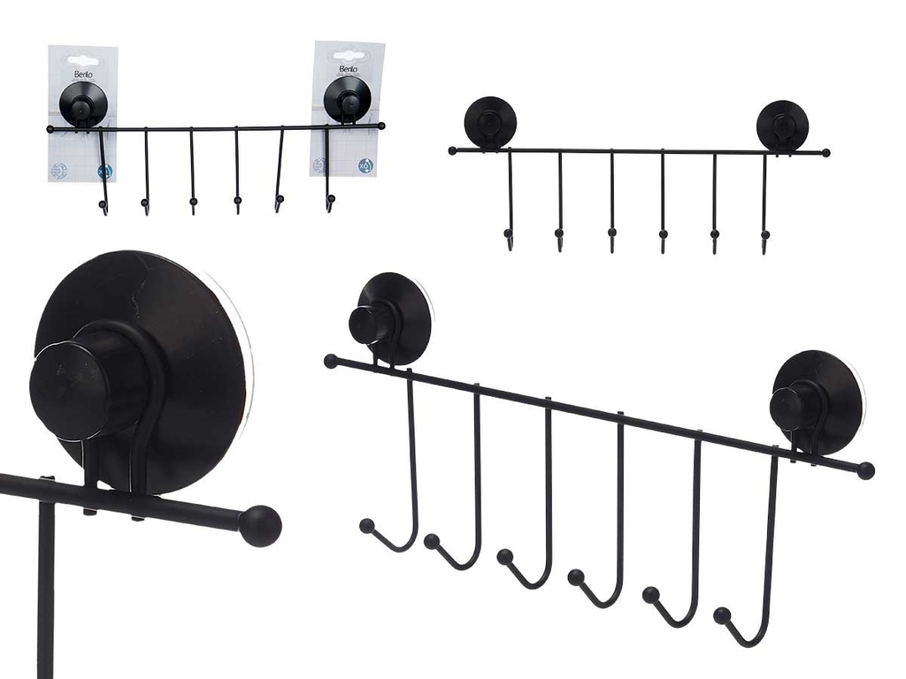 Percha metal negro mate con 6 ganchos y ventosa para mayor sujeción