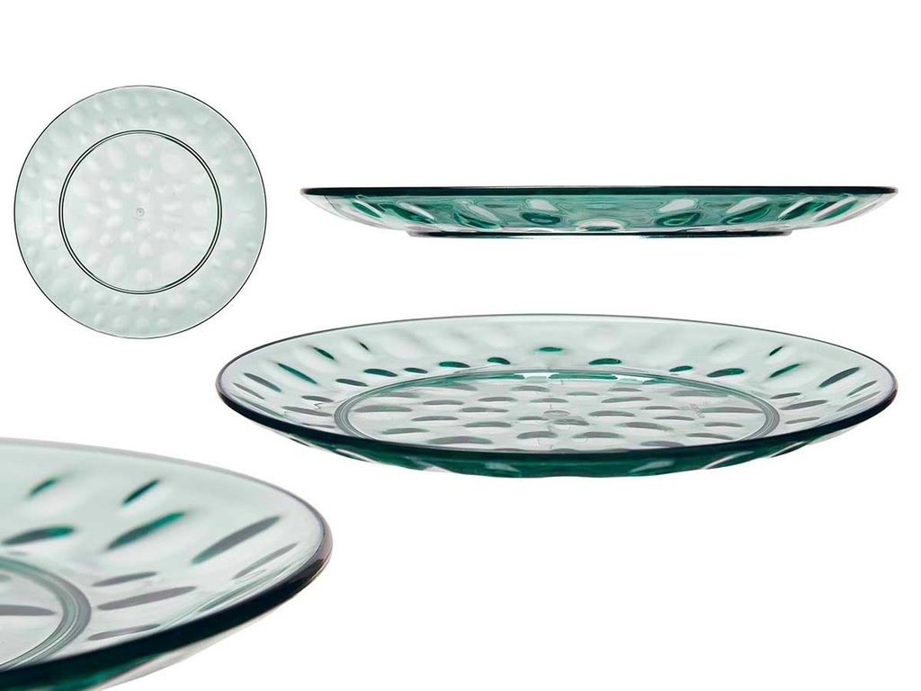 Plato de postre plástico verde con puntos, ideal para tus fiestas