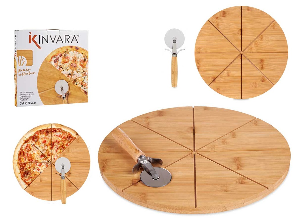 Plato pizza bambú 35cm con corta pizza bambú: funcional y ecoamigable