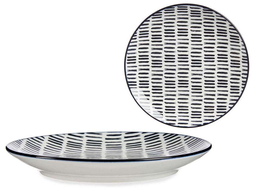 Plato postre 20cm: Elegante diseño de líneas negras para tu mesa