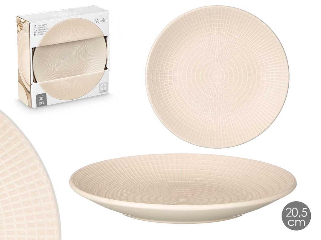Plato postre grabado beige de 20,5 cm: Elegancia y estilo en tu mesa