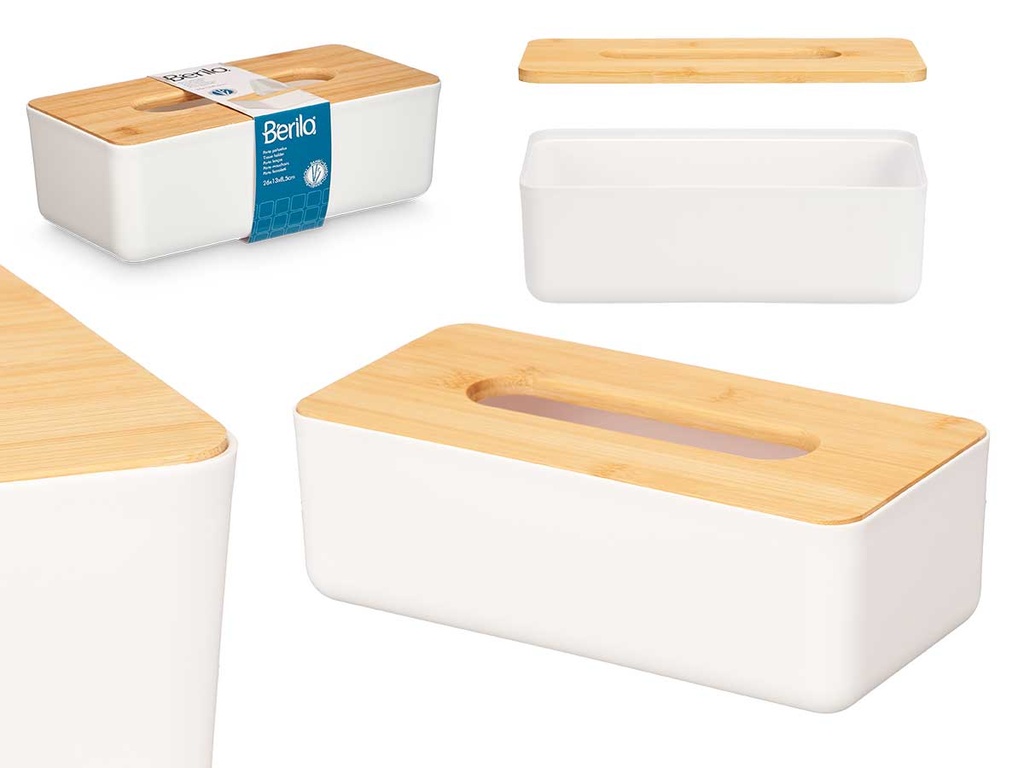 Porta pañuelos blanco con tapa de bambú, elegancia y funcionalidad