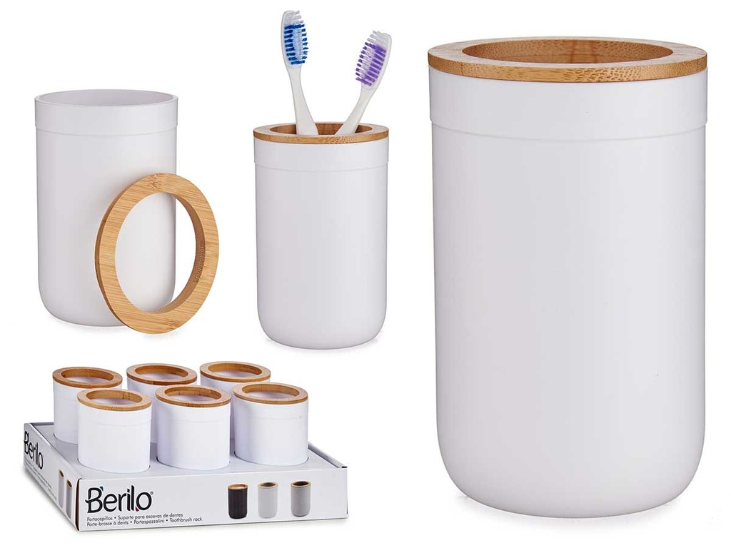 Portacepillos blanco con tapa de bambú: Elegancia y Sostenibilidad
